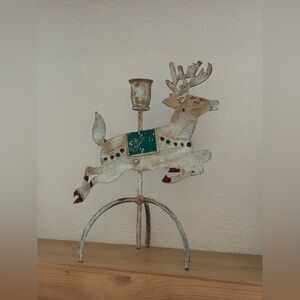 Vintage Hand Painted Metal Reindeer Taper Candle Stick Holders Christmas-Chippy